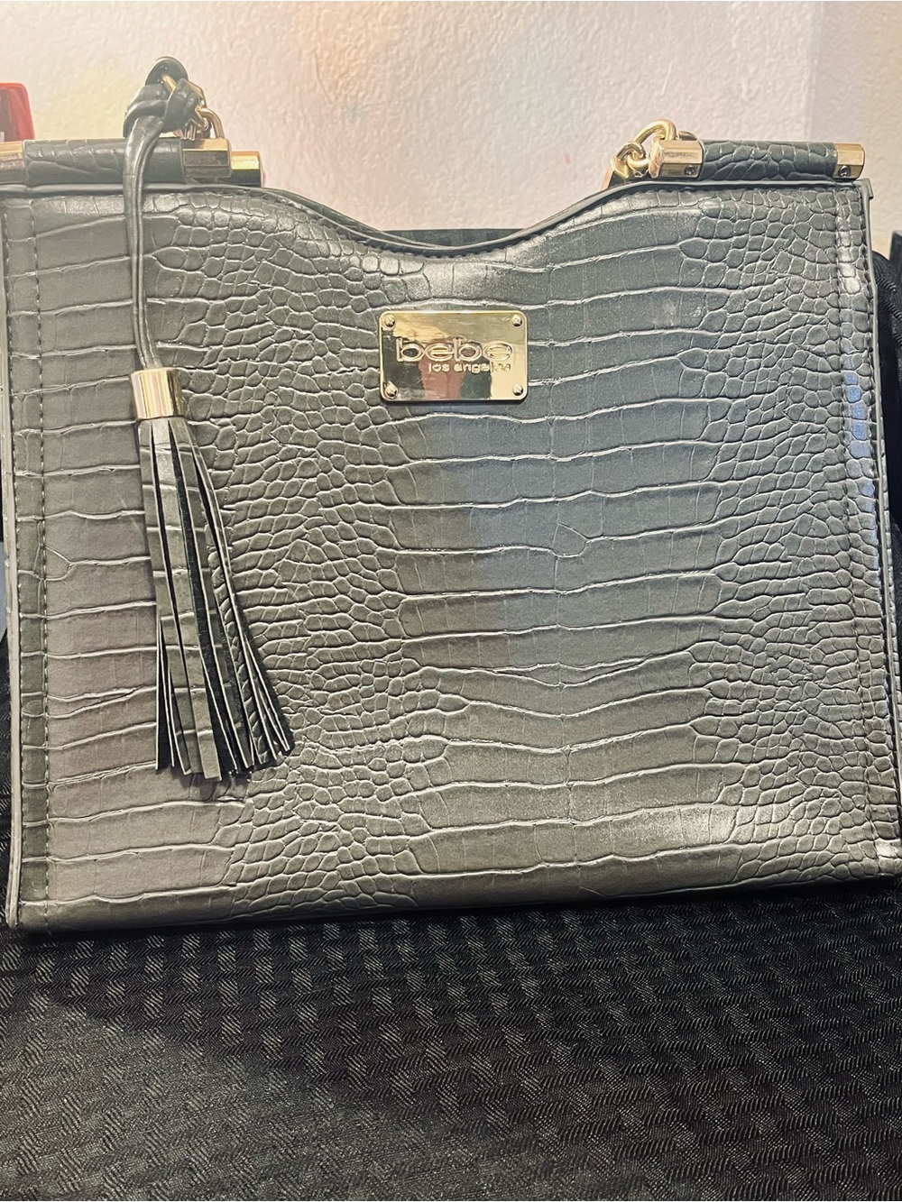 bebe Gray Croc Embossed Structured Tote Bag Braided Handles Gold Hardware
